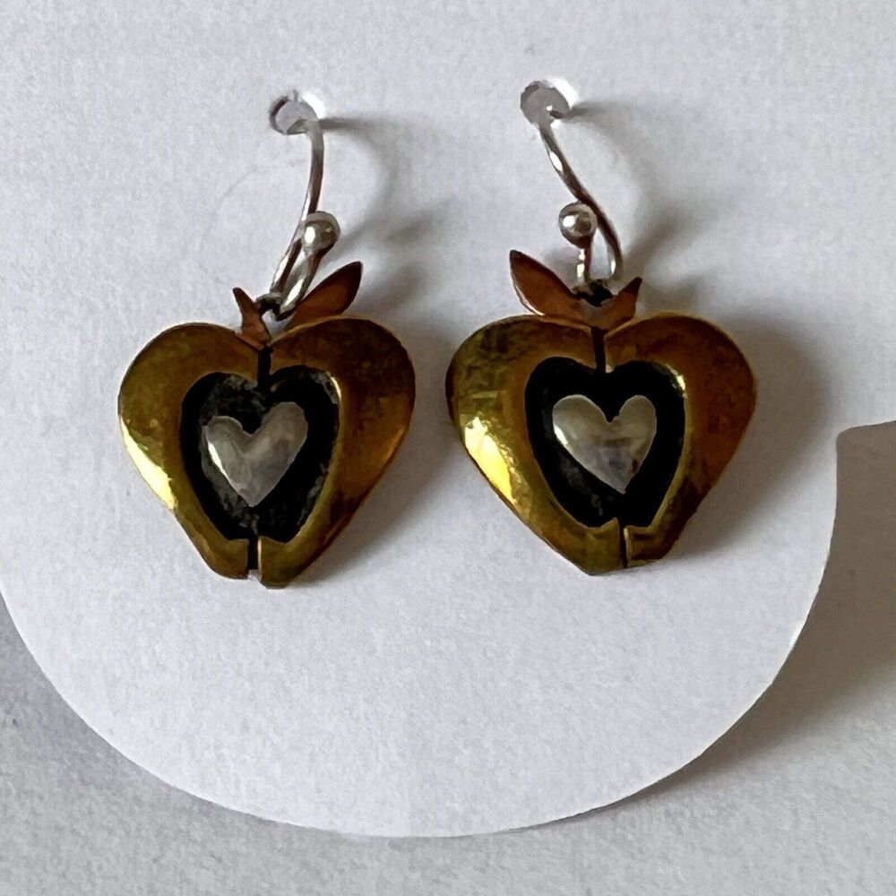 Far Fetched Dangle Earrings Sterling Silver Brass & Copper Heart Within Apple